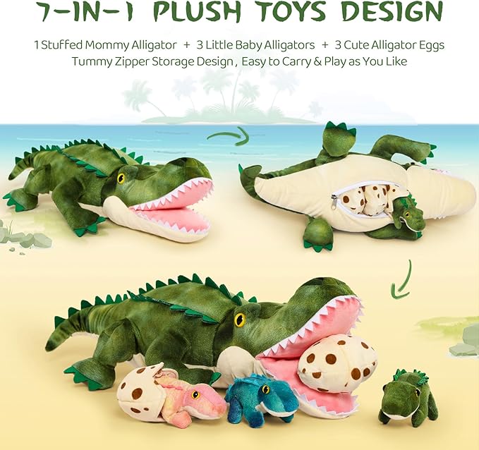 MorisMos Plush Alligator Stuffed Animal with Babies,23.6'' Mommy Stuffed Alligator with 3 Baby Crocodile Animals & 3 Plush Eggs,Lifelike Crocodile Toys for Kid 3-5 Birthday Decor