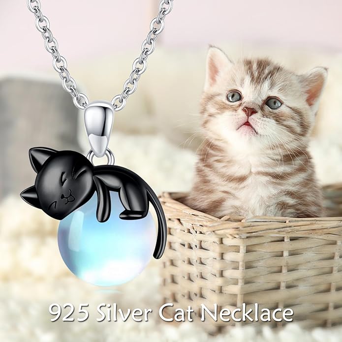 Cat Necklace Sterling Silver Cat Pendnat with Rose Quartz Pearl Jewelry Gifts for Women Cat Lovers