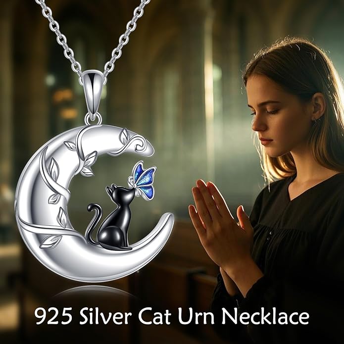 TIGER RIDER Moon Cat Necklace 925 Sterling Silver Blue Butterfly Black Jewelry Gifts Birthday Christmas Gifts for Women Wife Cat Lovers