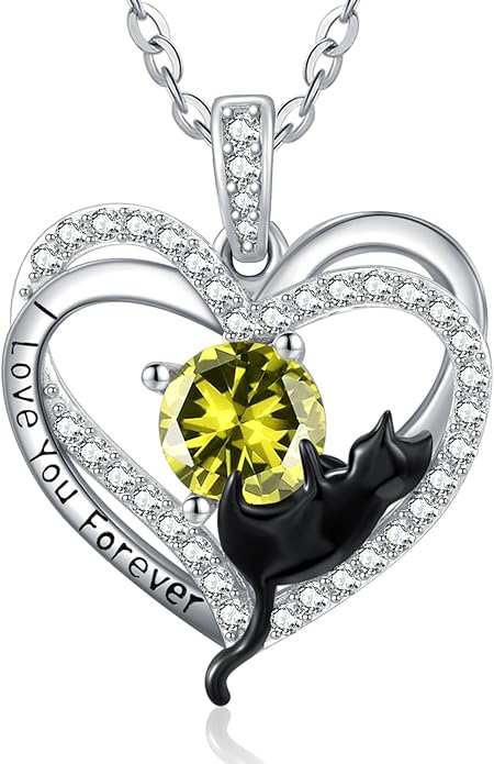 Birthstone Cat Necklaces,925 Sterling Silver Cat Necklace Heart Pendant for Women,Dainty Animal Jewelry for Her,Wedding Anniversary Birthday Gifts for Women Mom Grandma