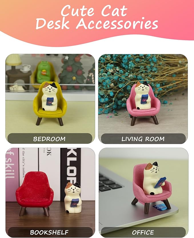 Cute Cat Playing Phone on Sofa Resin Figurine Desk Decor & Cat Lover Gift (Pink Sofa)