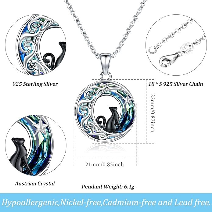 Odinstone Cat Necklace, S925 Sterling Silver Cat on Moon Pendant with Cubic Zirconia, Cat Jewelry Mothers Day Gifts for Mum with Gift Package - I Love You Forever