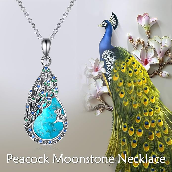 Sterling Silver Blue Opal Turquoise Peacock Pendant Necklace - Peacock Jewelry Gifts for Women