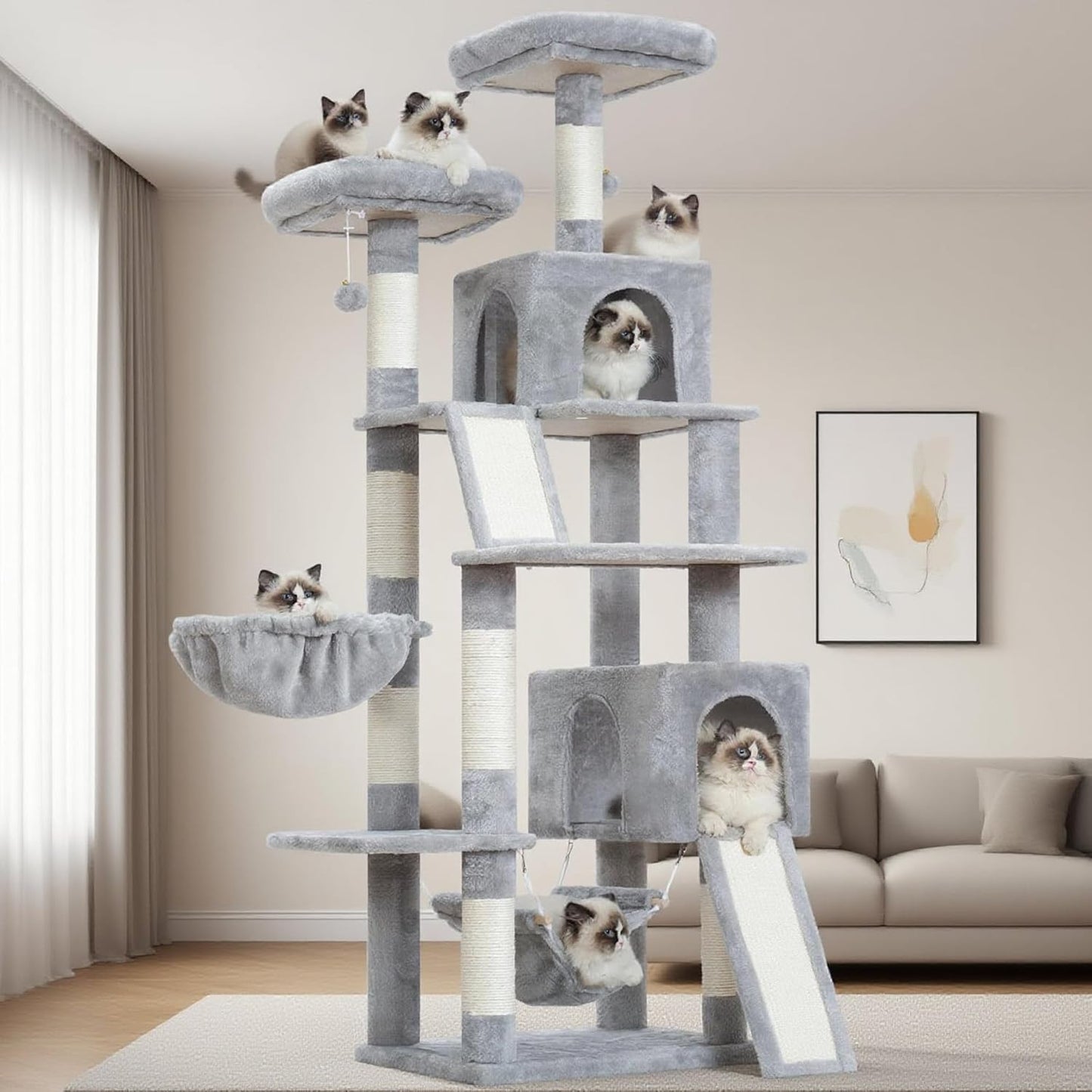 Cat Tree for Indoor Cats, 71'' (180cm) Multi-Level Cat Tower for Large Adult, Sturdy Cat Tree House with 2 Scratching Boards 7 Posts, 2 Plush Perches/Condos, Hammock, Light Gray GCT032W