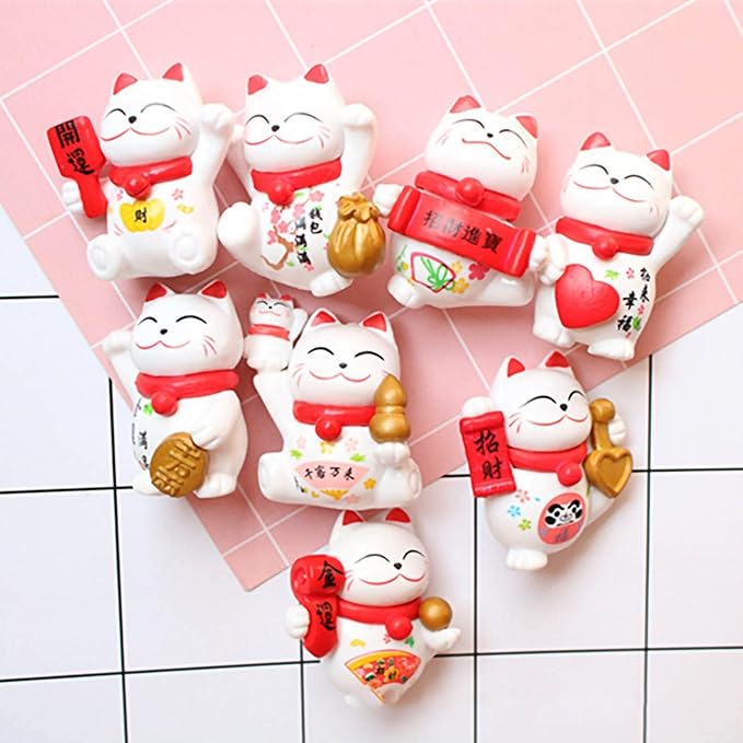Good Luck Cat, Wealth Welcoming Cats 8 Pcs Miniature Cats Ornament Decorations Cute Lucky Cat for Crafts Home Decor and Cake Topper(White)