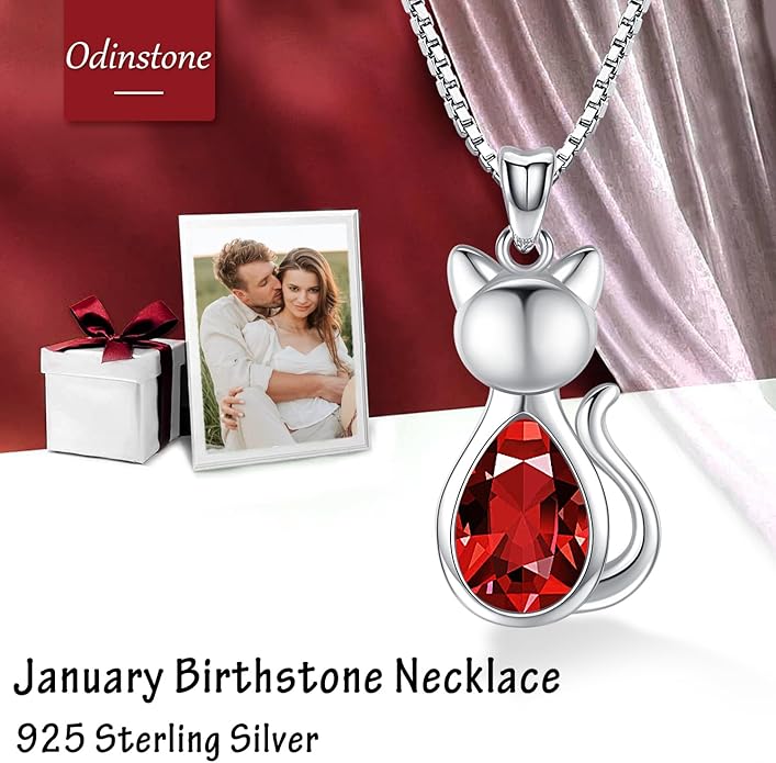 Odinstone Cat Birthstone Necklaces Jewelry Sterling Silver Cat Pendant Necklace Gift for Women Gifts, 18'' Silver Box Chain Women's Birthstone Crystal Cat Jewelry Gifts