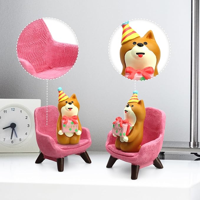 Cute Mini Puppy Holding a Gift Figurine - Resin Dog for Office, Home Decoration for Dog Lovers - Pink Sofa