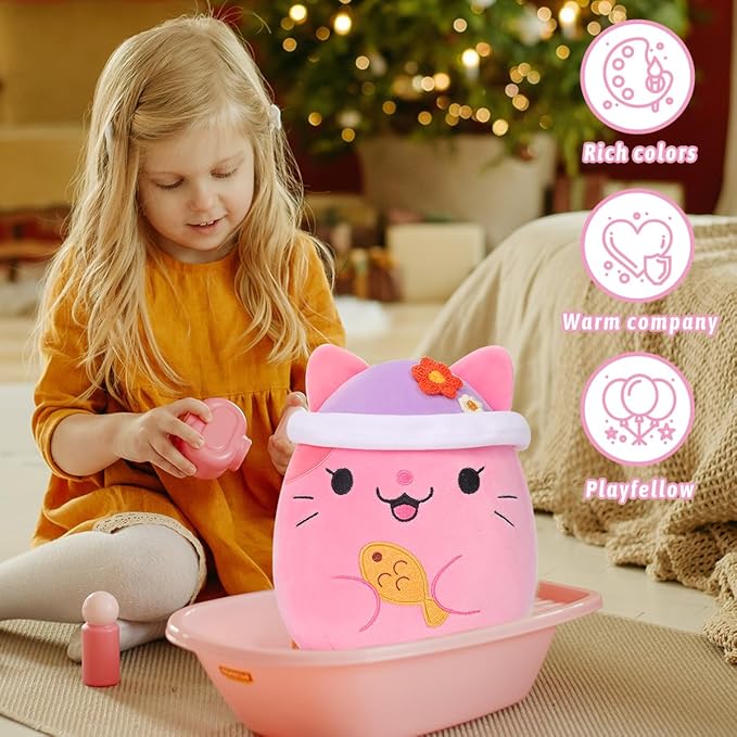 AIXINI Cute Pink Cat Plush Pillow 8" Kitten Stuffed Animal, Soft Kawaii Cat Plushie with Hat Outfit Costume Gift