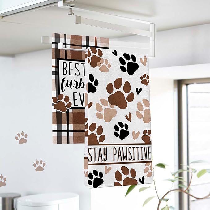 Dog Cat Paw Print Kitchen Dish Towels Set of 2, Best Furbaby Ever Drying Hand Towels Stay Pawsitive Baking Cooking Cloth, Plaid Farmhouse Home Kitchen Decoration Pet Lover Gifts 18 x 26 Inch