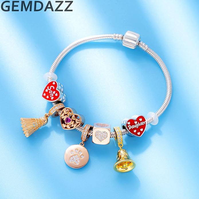 GEMDAZZ Sparkling Puppy Paw Print Charms in 925 Sterling Silver, Pave Dog Pawprint CZ Round Beads and Always in My Heart Charms, Gift for Animal Lover, fit European Women Bracelet/Necklace