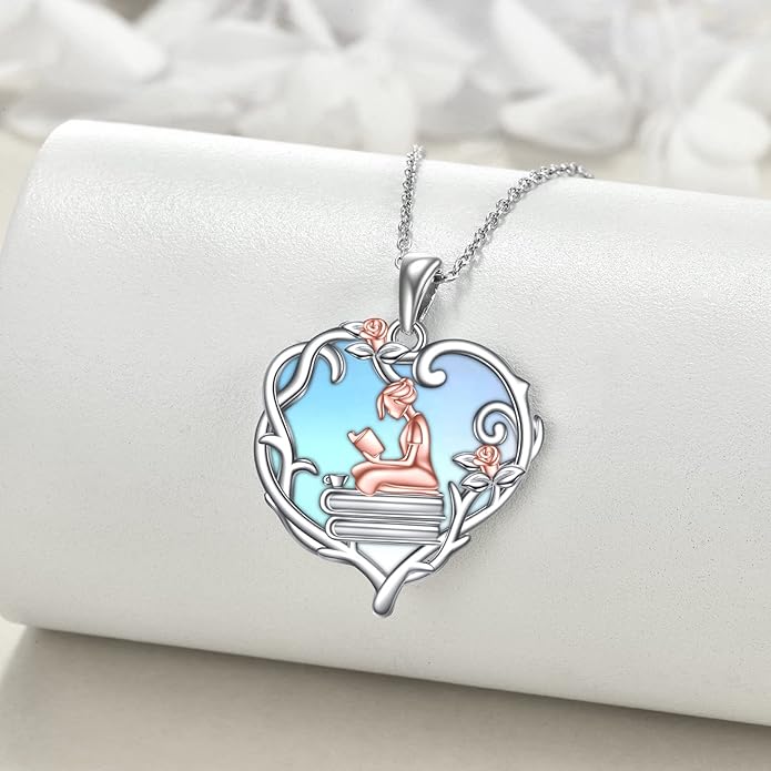 YFN 925 Sterling Silver Book Lover Necklace Reading Pendant for Women Graduation Gift Jewelry for Student Friends Classmate