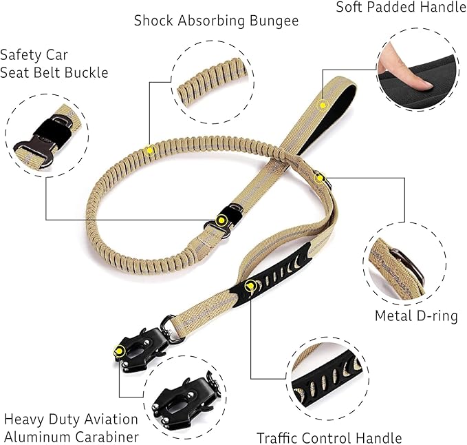 Heavy Duty Tactical Bungee Dog Leash, 4-6FT Shock Absorbing Tactical Leash with 2 Padded Handles, Metal Carabiner Clip,Car Seatbelt, Reflective Dog Leashes for Medium Large Dogs (Brown)