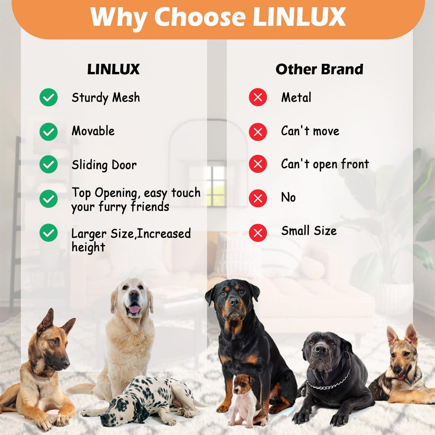 LINLUX 47 Inch Large Dog Crate Furniture, Wooden Heavy Duty XL Dog Kennel Indoor, Decorative Dog Cage Table for Large Dogs, with Sliding Doors, Wheels and Flip-top Plate, Rustic Brown