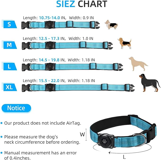 Reflective Air Tag Dog Collar - 100% Waterproof Dog Collar AirTag Holder | Extra-Durable, Soft Padded AirTag Dog Collars for Small Medium Large Dogs