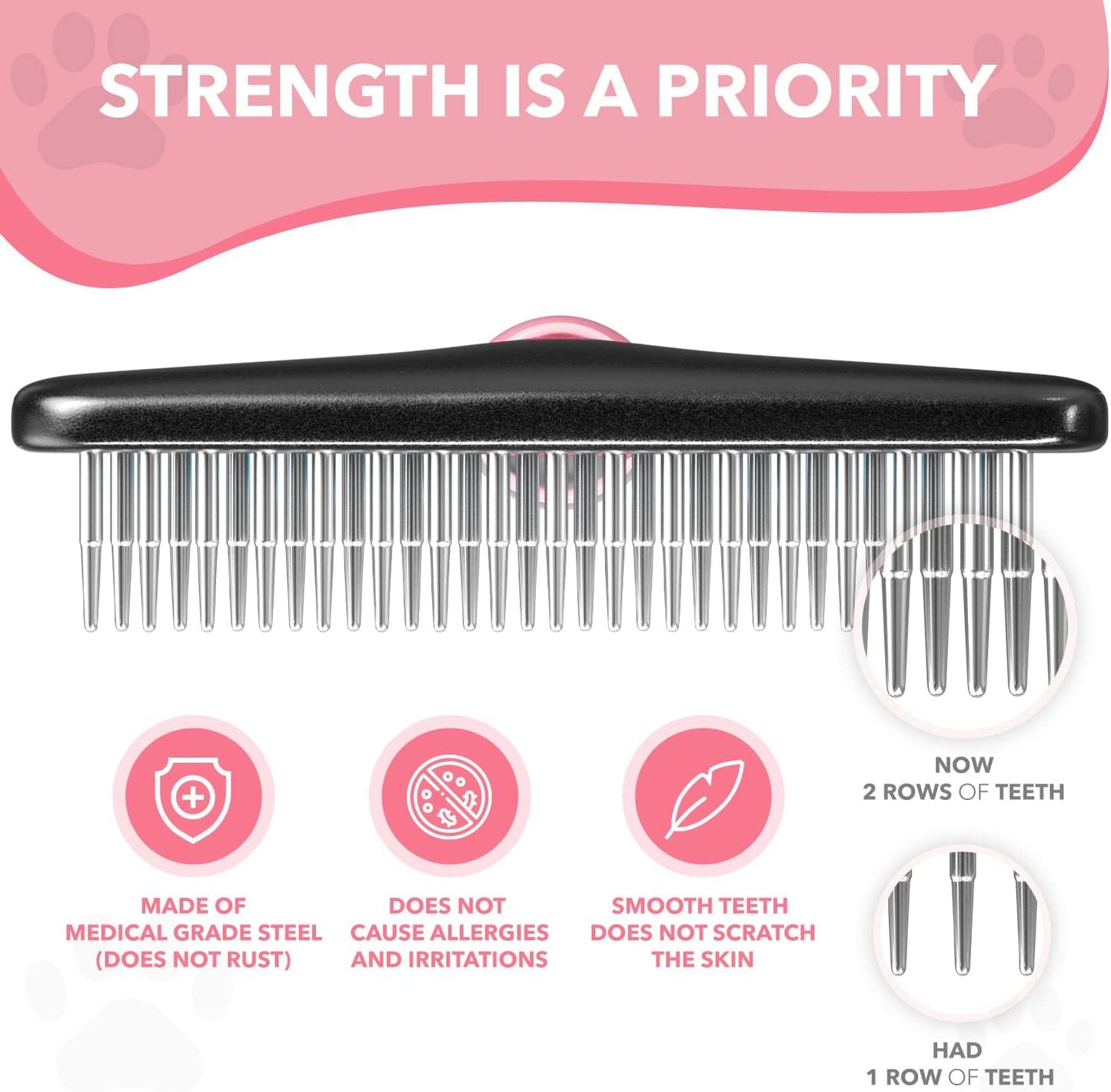 Dog rake deshedding dematting Brush Comb - Undercoat rake for Dogs, Cats, matted, Short,Long Hair Coats - Brush for Shedding, Double Row Stainless Steel pins - Reduce Shedding by 90% (Pink)