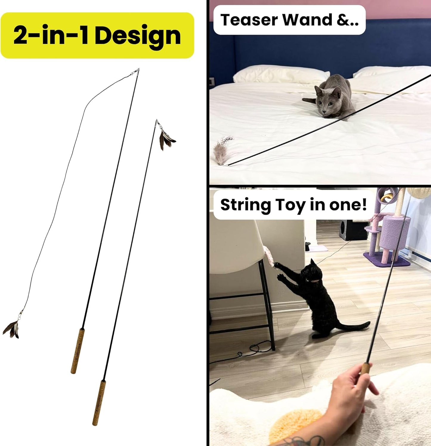 Forever Stick - The Unbreakable Cat Toy Wand, Extra Long Durable Interactive Cat Toy for Indoor Cats, Feather Kitten Toys for Bored Indoor Adult Cats, Bird Teaser Cat Accessories Enrichment