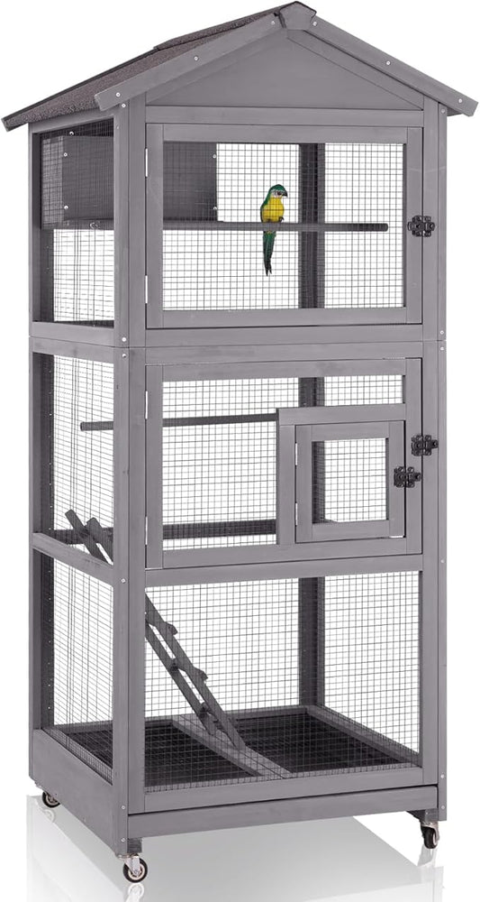 GUTINNEEN Large Bird Cage Outdoor Wooden Aviary Indoor on Wheels, with Play Stand, Perches, Nest Habitat & Wire Mesh Tray for Easy Cleaning
