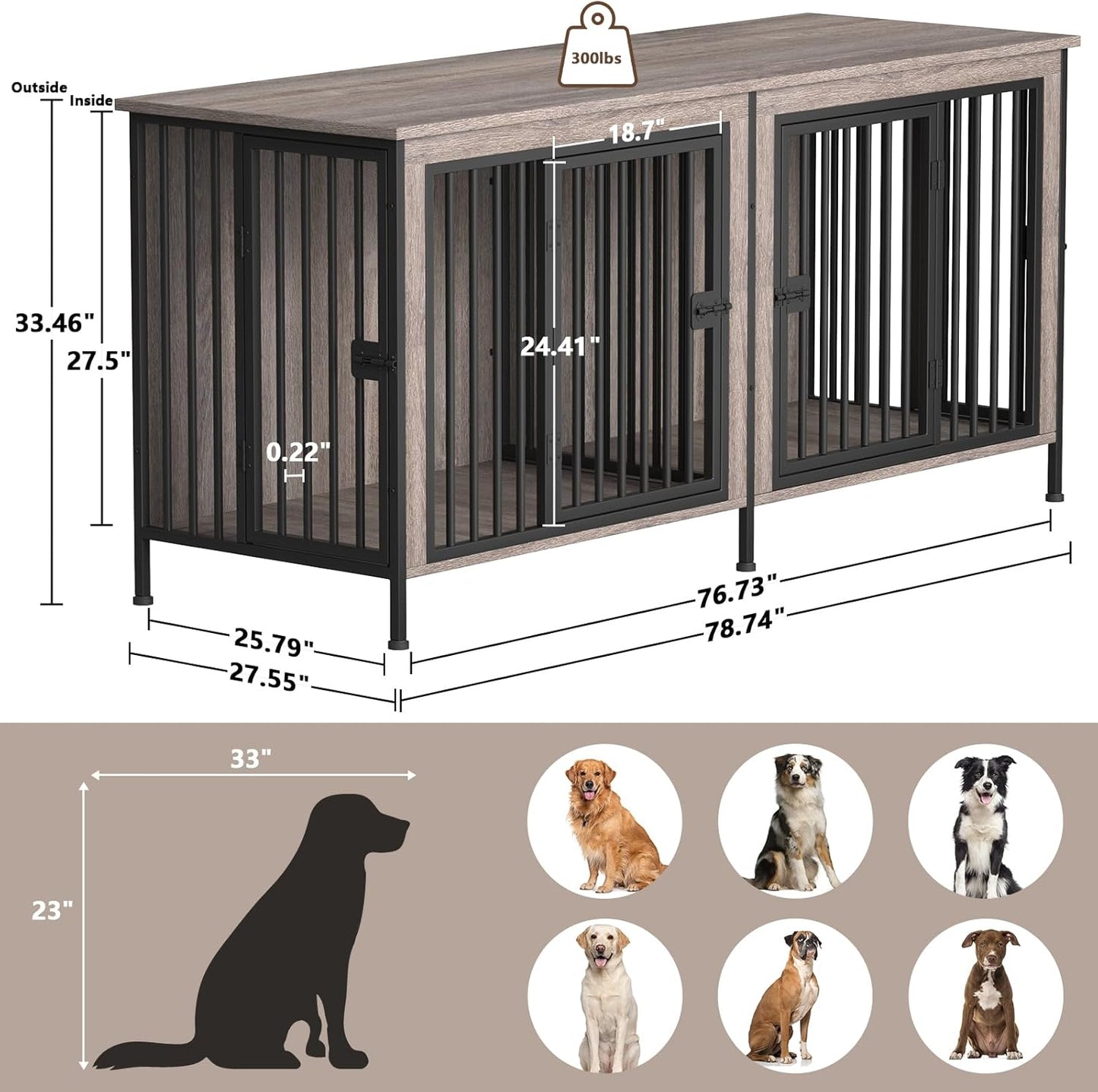 EasyCom 78 Inch Dog Cage Furniture for 2 Pets with Divider, XXL Wooden Double Dog Crate Furniture TV Stand for Mideum and Large Breed, Durable and Sturdy