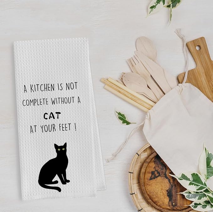 Cat Gifts Dish Towels Set - Funny Waffle Weave Kitchen Hand Tea Towels, Black Cat Gift (1624 Inches Set of 2)