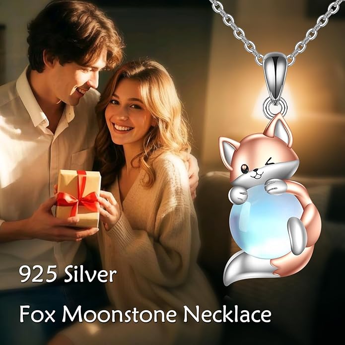 LUHE Axolotl/Cat/Fox Necklace for Women Sterling Silver Axolotl/Cat/Fox Jewelry Moonstone Pendant Necklace Gifts for Women