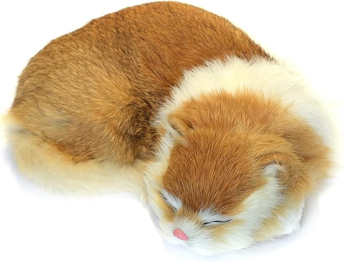 Realistic Furry Sleeping Cat Figurine Simulation Kitty Lifelike Kitten Home Office Shelf Decorative Statue, Synthetic Fur Pet Replica (Orange)