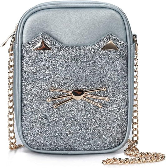 Cute Crossbody Purse for Teen Girls Sparkly Cat Purse and Small Crossbody Bags for Women Gift with Chain Strap