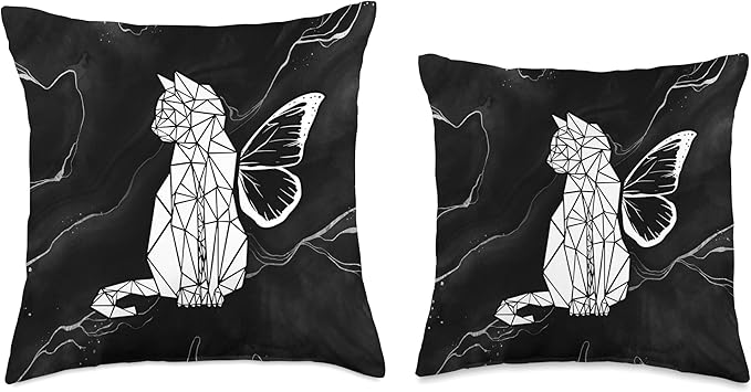 Cat figure, butterfly, black Throw Pillow