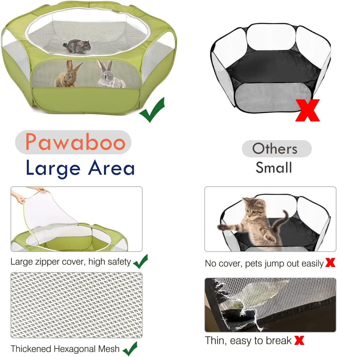 Pawaboo Small Animals Playpen, Waterproof Small Pet Cage Tent with Zippered Cover, Portable Outdoor Yard Fence with 3 Metal Rod for Chick/Kitten/Puppy/Guinea Pig/Rabbits/Hamster/Chinchillas,Green