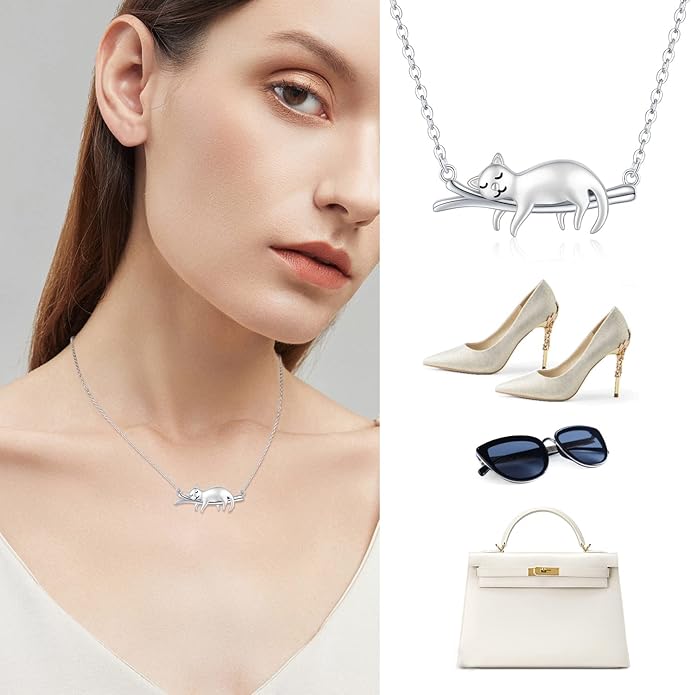 JUSTKIDSTOY Sterling Silver Cute Animal Pendant Necklace with Crystal Cat Pendant - Women's Cat Lovers Jewelry Gift