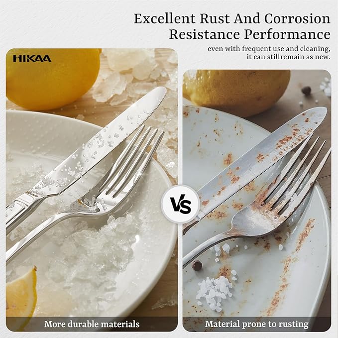 HIKAA Premium Silverware Set, Stainless Steel Flatware Set with Wide-Based Handles for Comfort & Durability, Forks & Spoons Cutlery Silverware Set (30PCS)