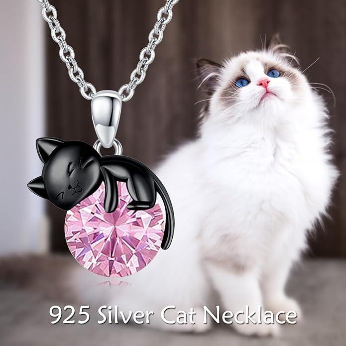Cat Necklace Sterling Silver Cat Pendnat with Rose Quartz Pearl Jewelry Gifts for Women Cat Lovers