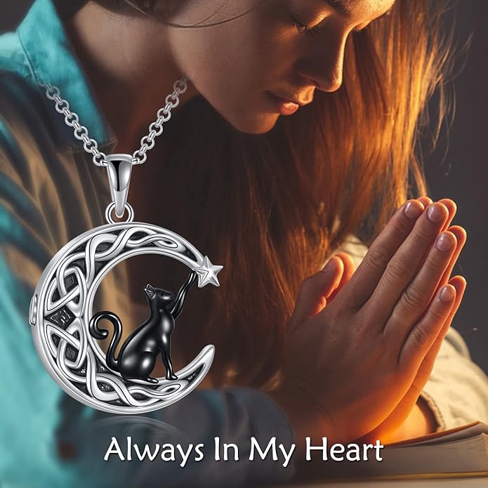 Celtic Moon Black Cat Necklace for Women - Abalone Tree of Life Sterling Silver Cat Lovers Jewelry