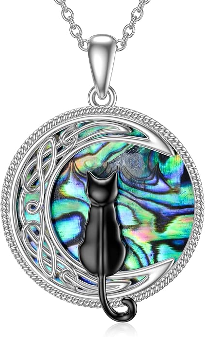 TOUPOP Cat Necklace Sterling Silver Abalone Shell Celtic Cat on the Moon with Abalone Shell Birthday Christmas Jewelry Gifts for Women