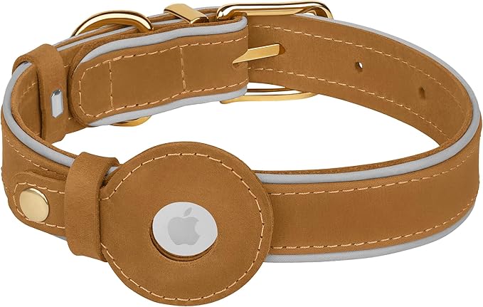 OOPSDOGGY Reflective Geniune Leather Airtag Dog Collar Soft Padded Collars for Small Medium Large Breed Dogs Puppy, 4 Sizes, 7 Colors (Camel, XLarge, 19"-24")