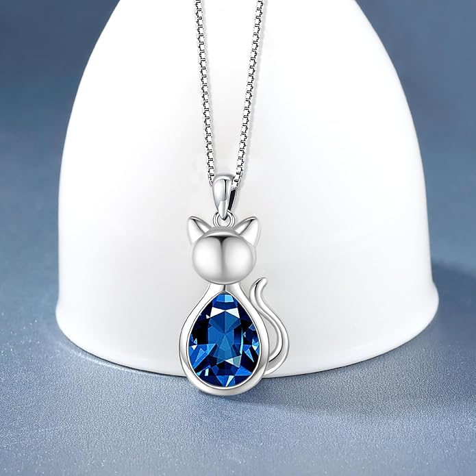 Odinstone Cat Birthstone Necklaces Jewelry Sterling Silver Cat Pendant Necklace Gift for Women Gifts, 18'' Silver Box Chain Women's Birthstone Crystal Cat Jewelry Gifts