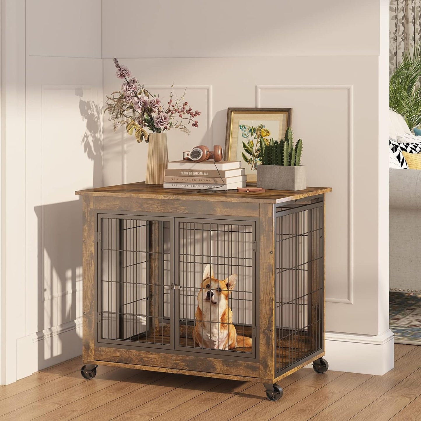 IchbinGo Dog Crate Furniture, Wooden Dog Crate Table, 31.5" Dog Kennel with 3 Doors, Flip-up Top Opening and Wheels, Decorative Pet Crate Dog House for Medium/Small Dog Indoor Use (Rustic Brown)