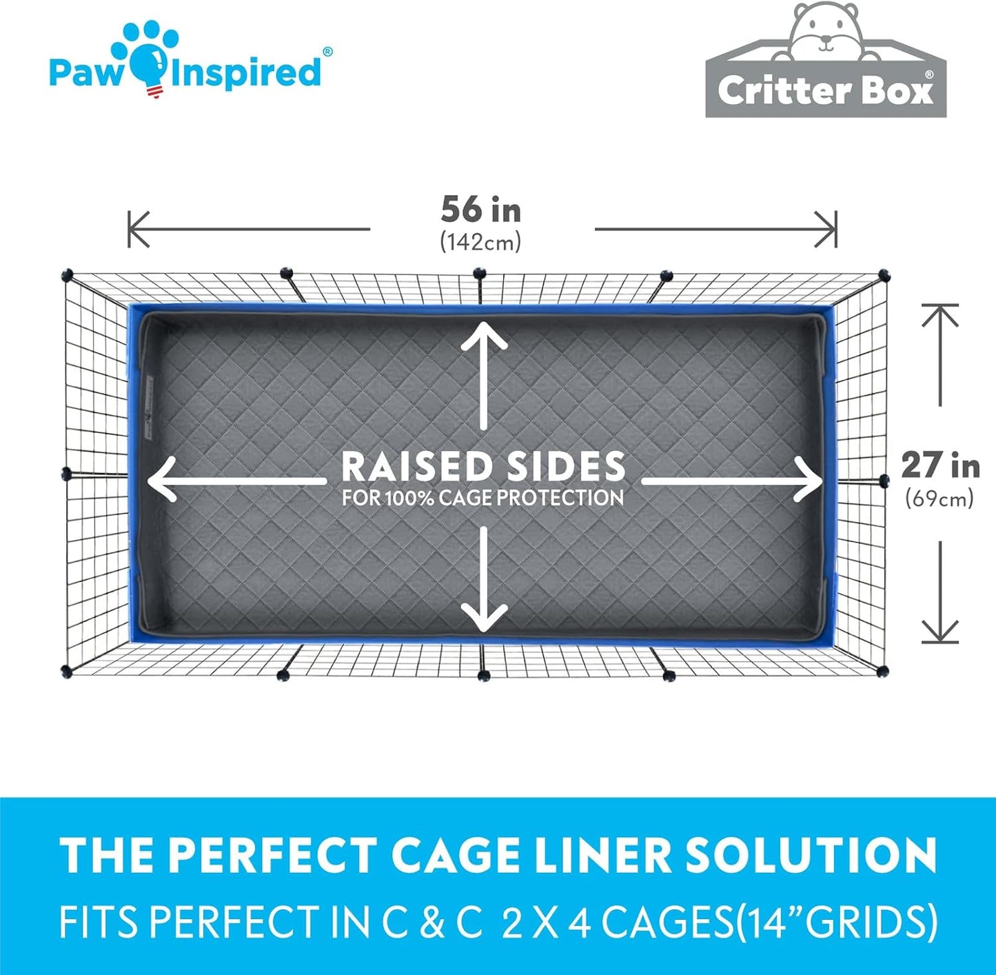 Paw Inspired Critter Box Washable Cage Liner, Reversible Fleece Bedding with Raised Sides for Guinea Pigs and Other Small Animals (C&C 2x4 (14" Grids), Gray/Blue)