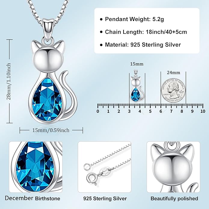 Odinstone Cat Birthstone Necklaces Jewelry Sterling Silver Cat Pendant Necklace Gift for Women Gifts, 18'' Silver Box Chain Women's Birthstone Crystal Cat Jewelry Gifts