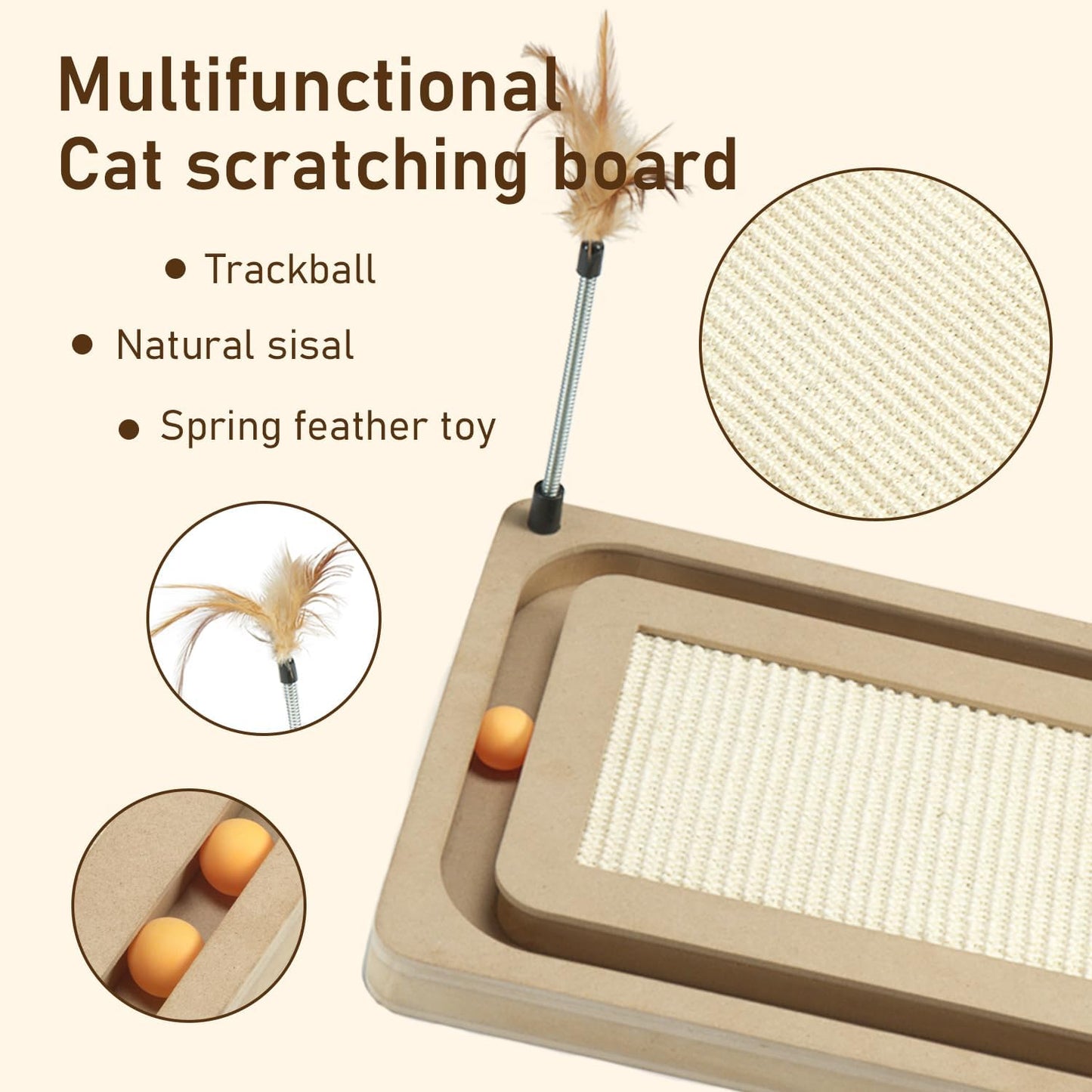 PEEKAB Cat Scratcher,Sisal Scratching Board with Track Ball Interactive Toy and Swing Feather Toys for Indoor Cats and Kittens,Large Heavy Durable