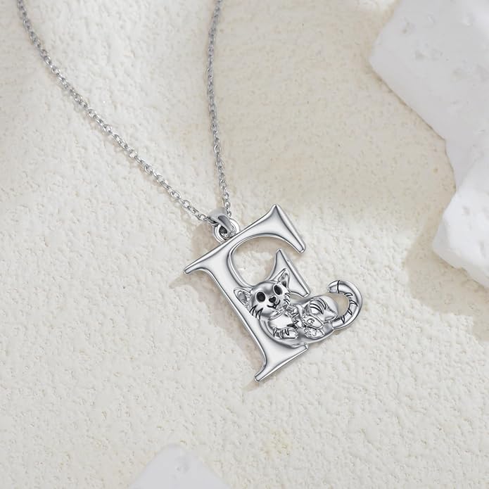 LONAGO Cat Initial Pendant Necklace Silver A to Z Letters Alphabet Necklace Gift for Women