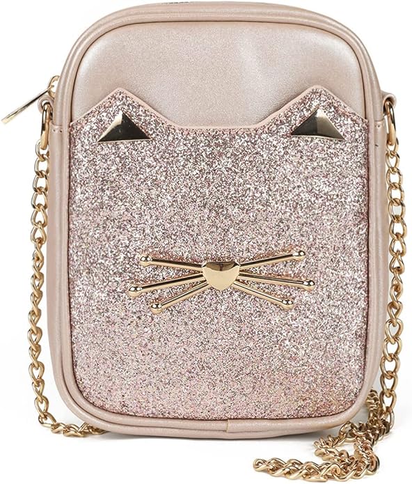 Cute Crossbody Purse for Teen Girls Sparkly Cat Purse and Small Crossbody Bags for Women Gift with Chain Strap