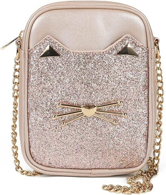 Cute Crossbody Purse for Teen Girls Sparkly Cat Purse and Small Crossbody Bags for Women Gift with Chain Strap