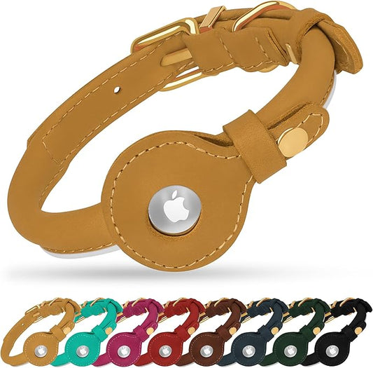 OOPSDOGGY Rolled Leather Dog Collar with Airtag Holder - Reflective Round Airtag Dog Collar - Soft Tracking Pet Collar for Small Dogs Puppy Cats Kitten (Camel, M, 12"-15")