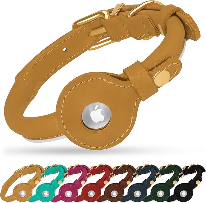 OOPSDOGGY Rolled Leather Dog Collar with Airtag Holder - Reflective Round Airtag Dog Collar - Soft Tracking Pet Collar for Small Dogs Puppy Cats Kitten (Camel, L, 14"-18")