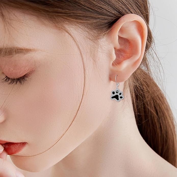 Paw Print Earrings Sterling Silver Leverback Dog Paw Earrings Puppy Paw Drop Dangle Earring for Women Girls
