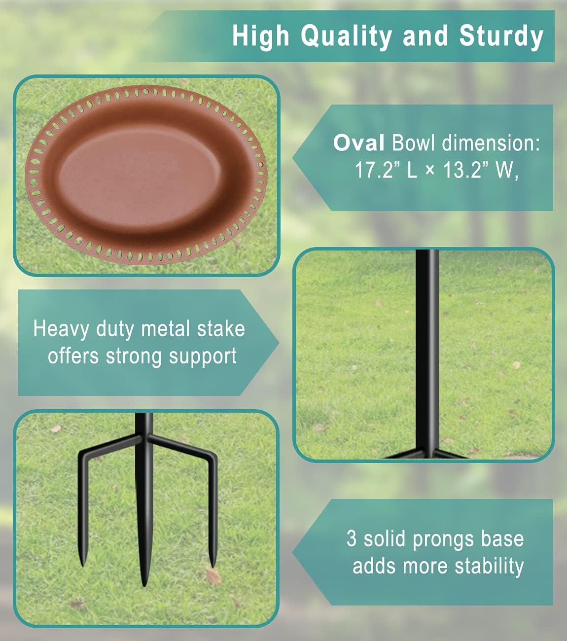 Garbuildman Extra-Large Freestanding Birdbaths Bowl, Detachable Decoration Spa with Metal Stake Stand & Birdfeeder for Outdoor Garden, Oval Style, Chocolate