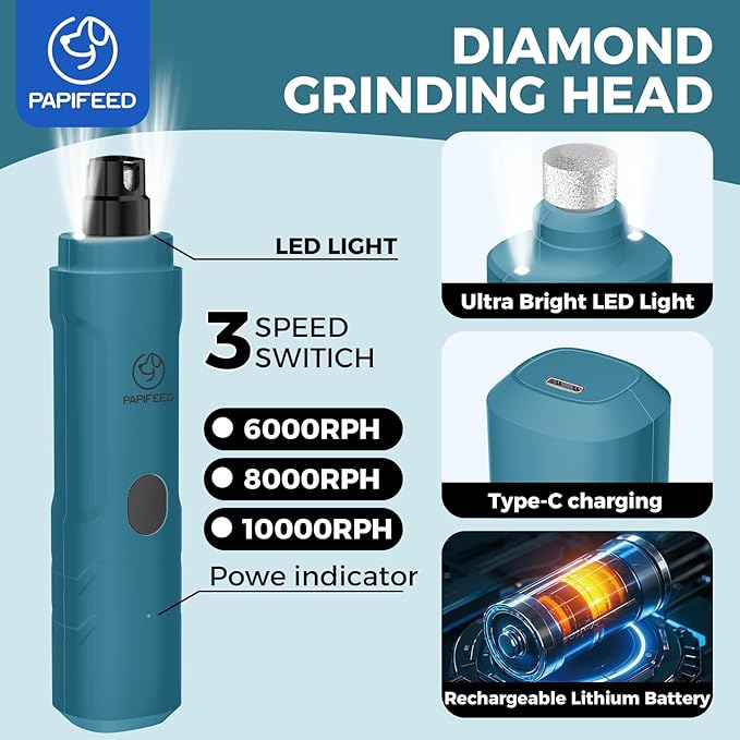 PAPIPAFFEED Dog Nail Grinder Upgraded with 2 LED Lights, 3-Speed Rechargeable & Quiet - Upgraded Electric Pet Nail Trimmer for Small Medium Large Dogs & Cats, Painless Paws Grooming Tool - Blue