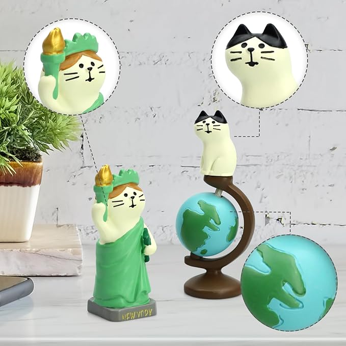 Cute Mini Cat Holding The Torch Figurine Cute Cat Standing on Globe Figurine for Office, Home Decoration Perfect Cute Cat Gift for Cat Lovers