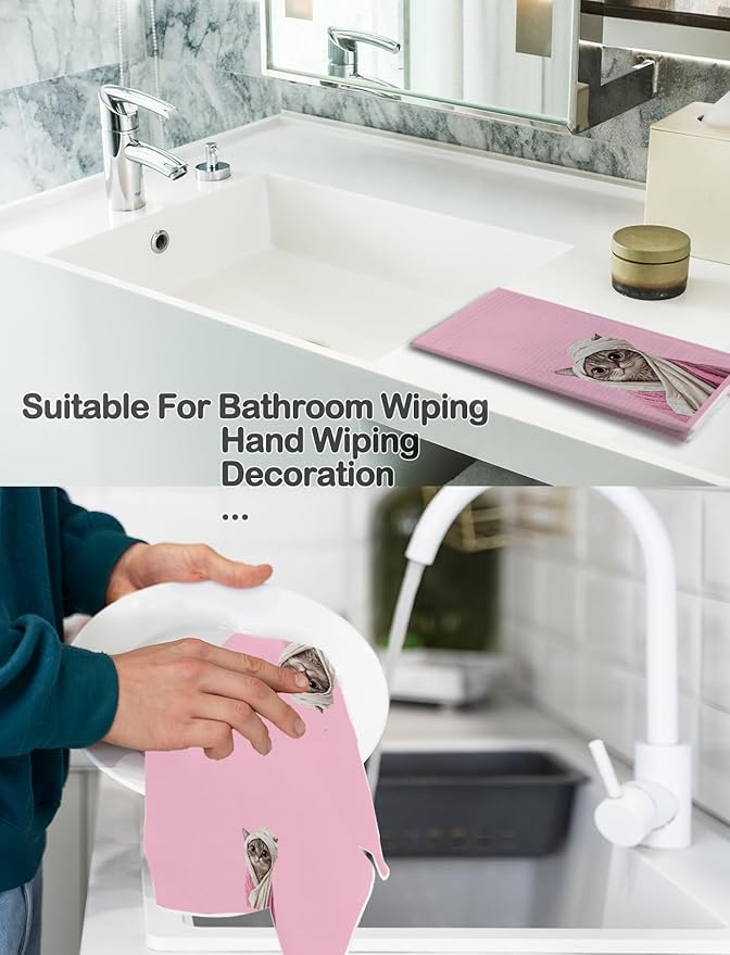 Pink Bathrobe Cat Bathroom Hand Towels, Cat Lover Mom Lady Gifts, Cute Animal Kitty Kitten Decorative Hand Towels for Bathroom, Funny Cats Kitchen Towels, 16x24 Inch