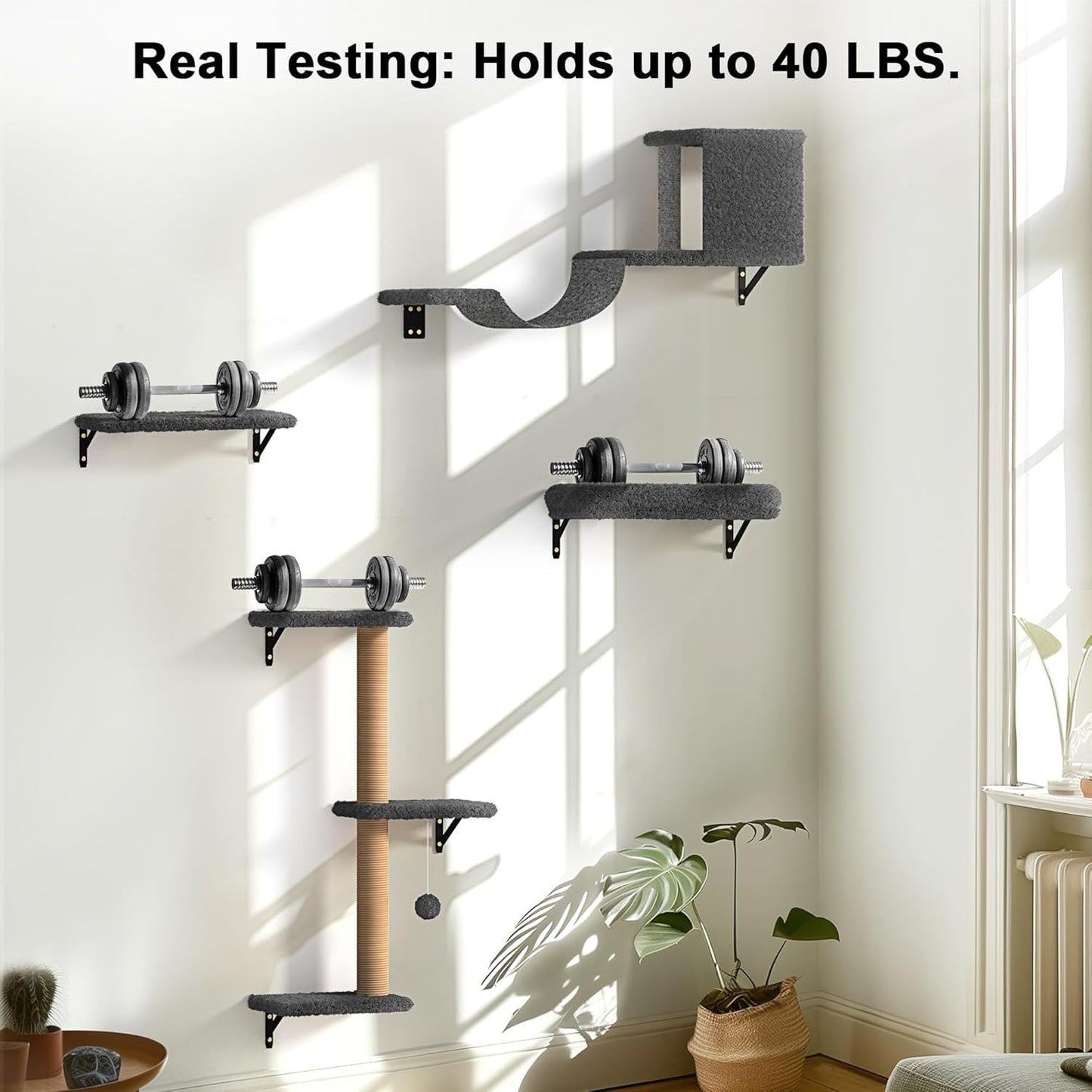 FUKUMARU Cat Wall Shelves, Stable & Safe 4 in 1 Cat Furniture Set, Wooden Climbing Wall with Scratching Post for 16 Inch Drywall - Gray